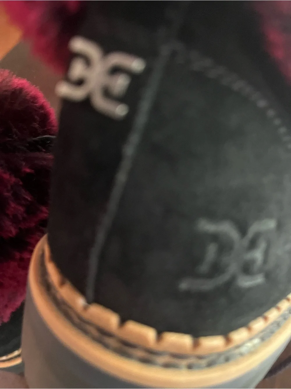 Sam Edelman Black Suede Winter Boots with Burgundy Faux Fur Trim 9.5